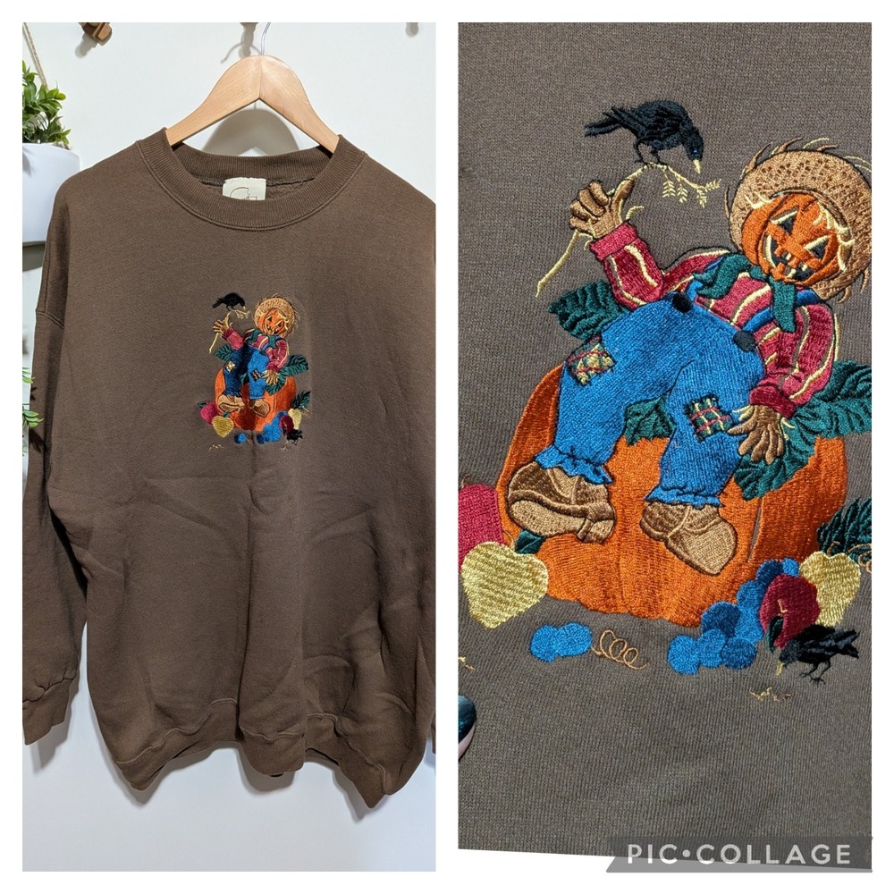 Vintage embroidered Halloween pullover sweatshirt 2XL pumpkin scarecrow
